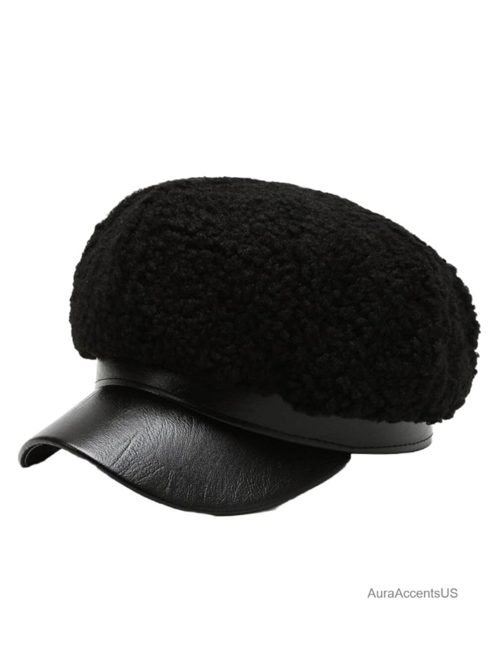 Women Sherpa Newsboy Hat with Leather Brim Winter Cabbie Cap Fuzzy Octagonal